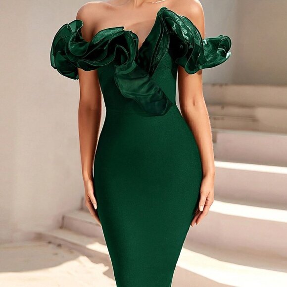 Green Preppy Womens Off Shoulder Exaggerated Ruffle Trim Bodycon Dress - Picture 3 of 5
